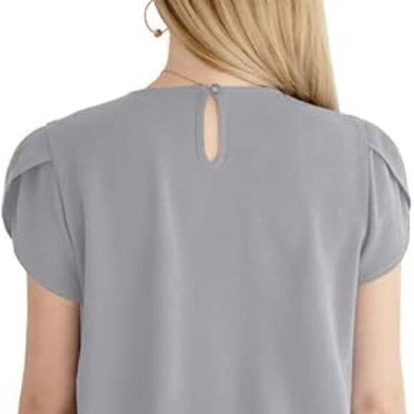 Amazon Gray Flutter Sleeve Satiny Blouse with Pleated Neckline Size Large - Picture 3 of 11